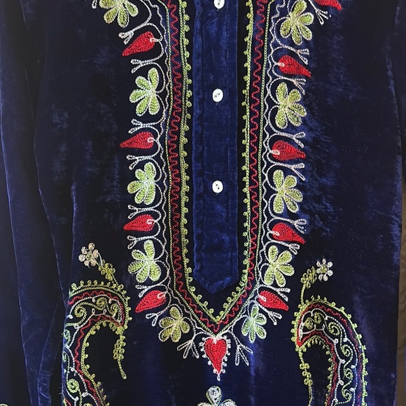 Rare Vintage 1970’s India Crushed Velvet Rayon Embroidered Blue Kaftan Maxi - Picture 3 of 16